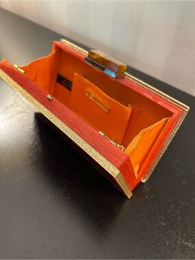 Sondra Roberts Red/Orange Evening Box Clutch with Gold Trim
